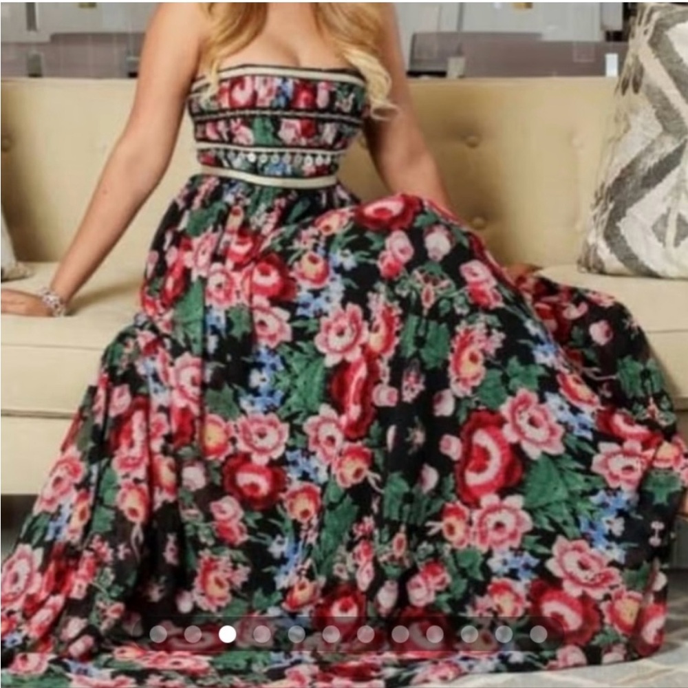 Pearl by Georgina Chapman Marchesa Floral Boho Strapless Maxi Dress Formal …